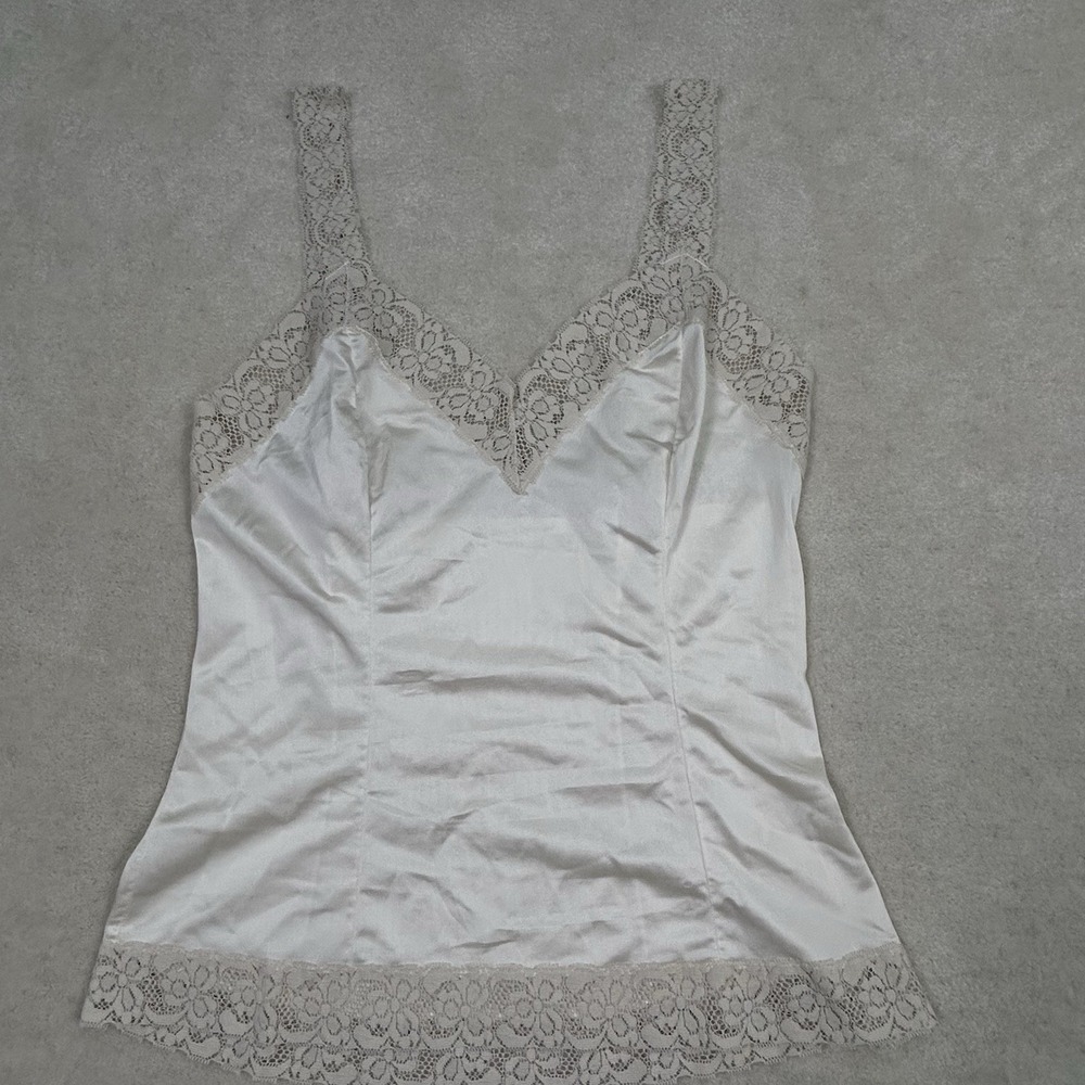 Vtg Komar Camisole Top 36 Lace Trim Blush Beige Silky Satin Nylon USA